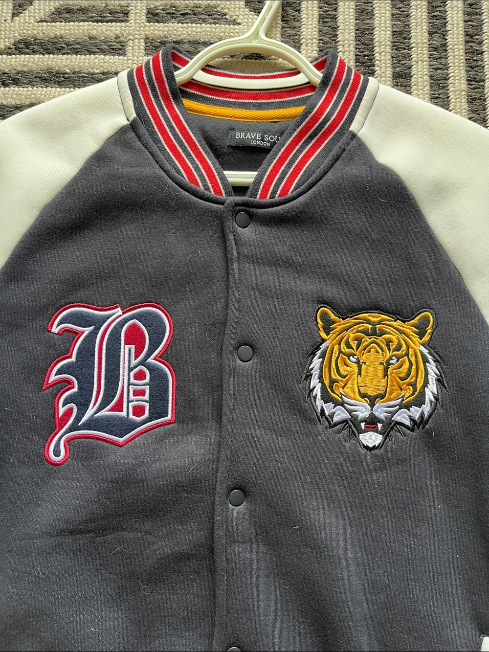 Brave Soul Black & White Varsity Jacket with Tiger Patch {NWOT}